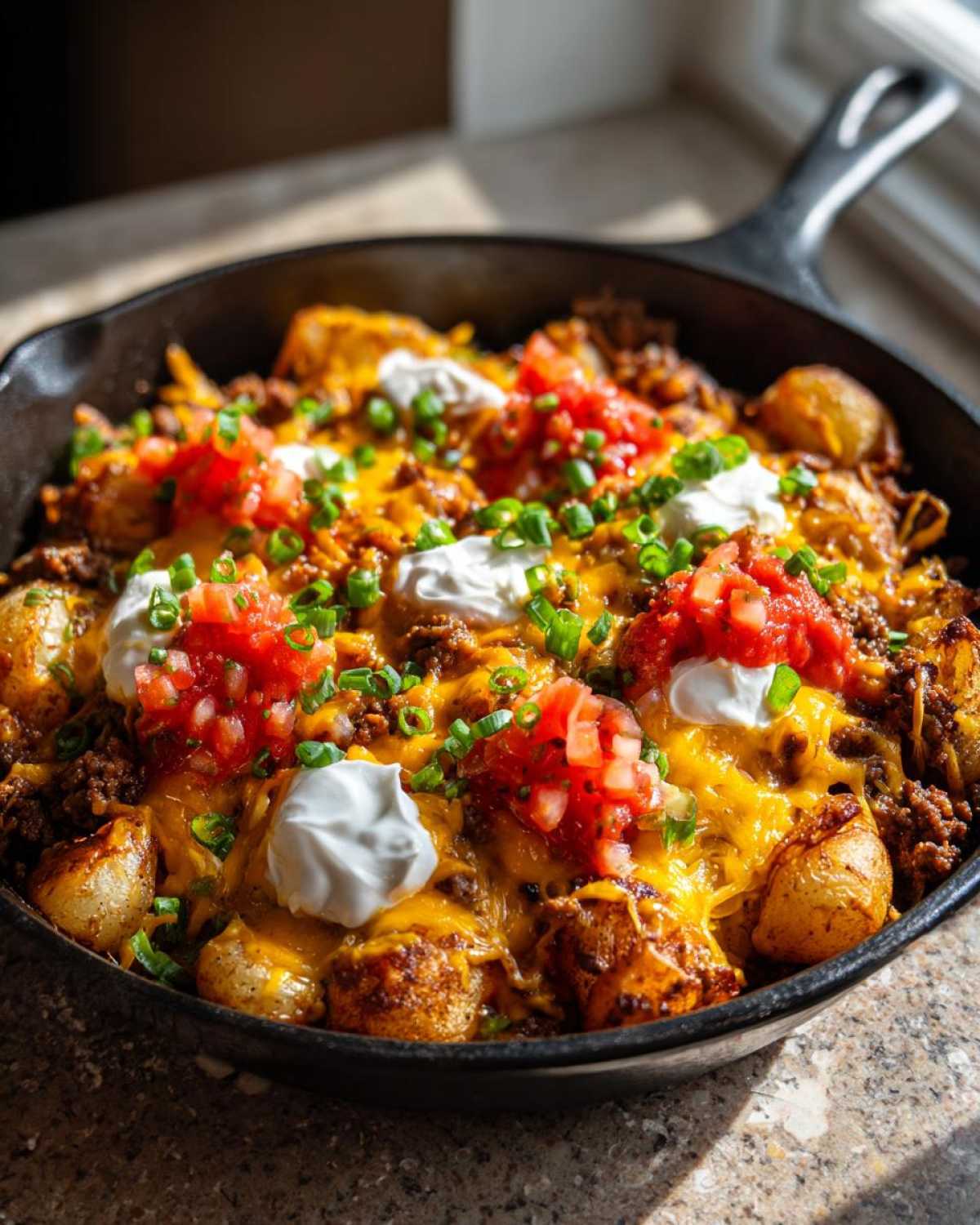 A cast iron skillet filled with Cheesy Taco Potatoes topped with melted cheese, sour cream, salsa, and green onions.