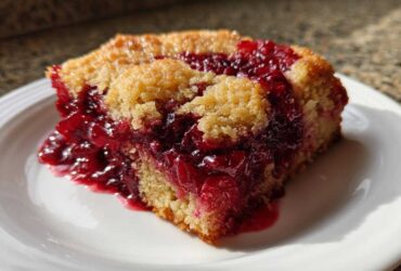 A close-up slice of warm cherry dump cake showing a bright red, gooey cherry filling and a golden crumb topping.