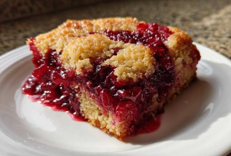 A close-up slice of warm cherry dump cake showing a bright red, gooey cherry filling and a golden crumb topping.