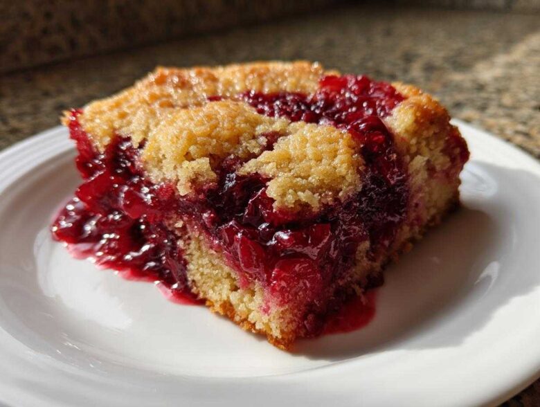 A close-up slice of warm cherry dump cake showing a bright red, gooey cherry filling and a golden crumb topping.