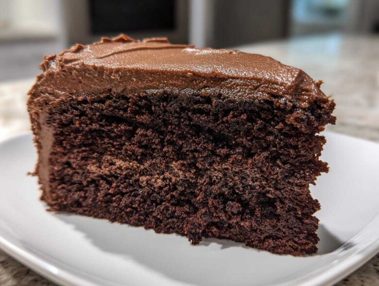 Close-up of a rich, dark slice of homemade chocolate cake topped with thick chocolate frosting on a white plate.