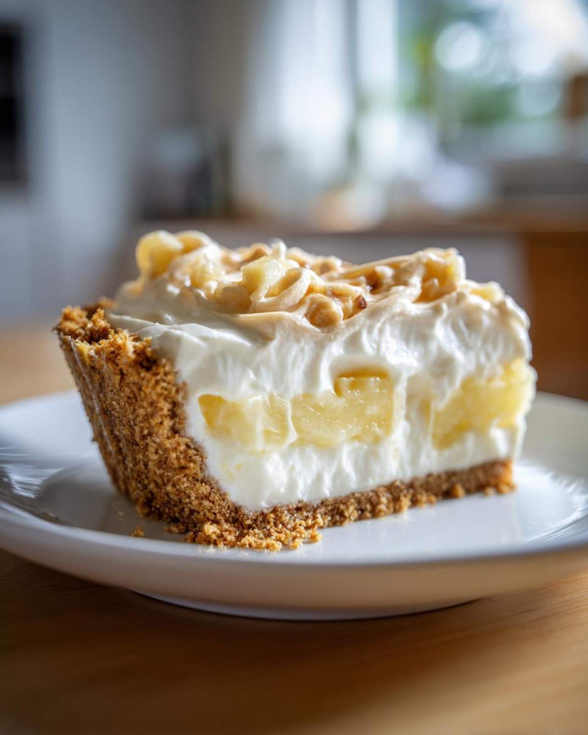 Close-up of a slice of millionaire pie featuring a thick graham cracker crust, creamy filling with pineapple chunks, and a whipped topping.