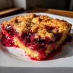 Close-up of a warm, gooey slice of cherry dump cake showing the bright red fruit filling and crumbly topping.