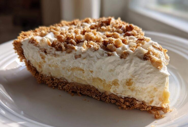 A generous slice of creamy millionaire pie featuring a graham cracker crust, thick filling, and crunchy nut topping.