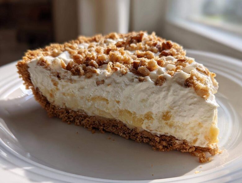 A generous slice of creamy millionaire pie featuring a graham cracker crust, thick filling, and crunchy nut topping.