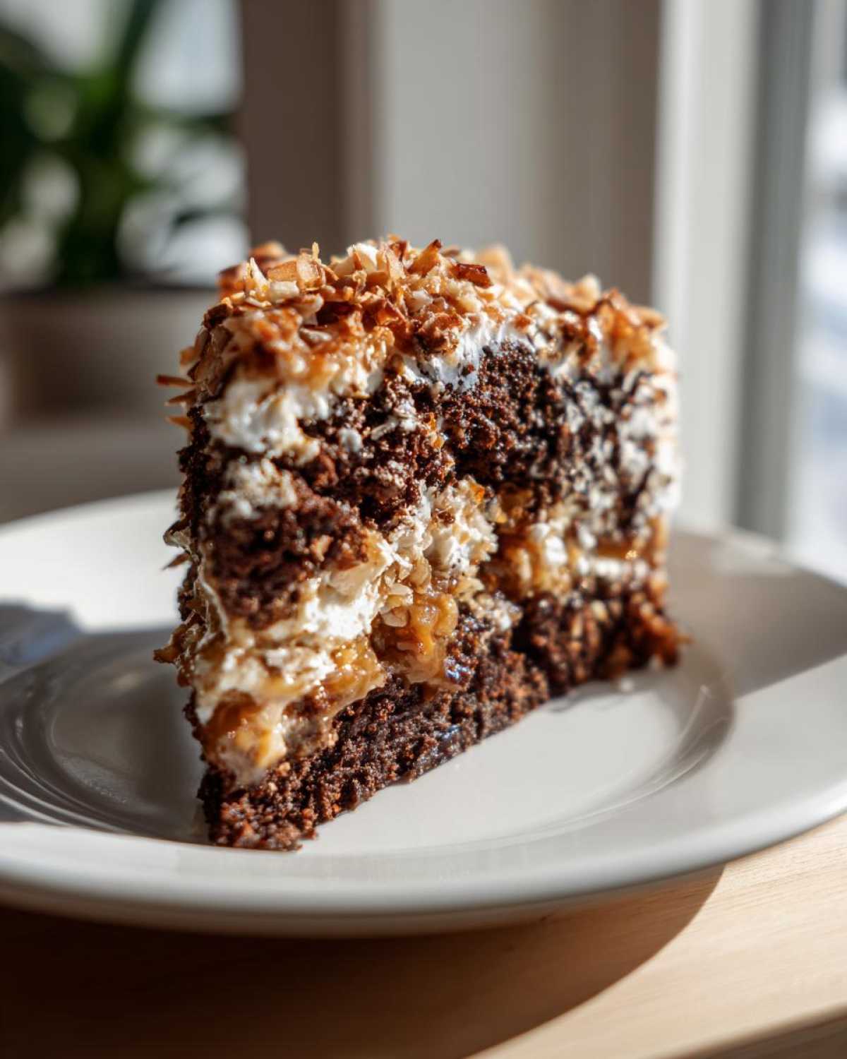 A rich slice of german chocolate poke cake showing layers of chocolate cake, creamy filling, and toasted coconut topping.