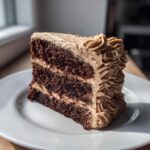 A decadent slice of dark chocolate gingerbread latte cake with layers of coffee-colored frosting on a white plate.