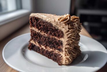 A decadent slice of dark chocolate gingerbread latte cake with layers of coffee-colored frosting on a white plate.