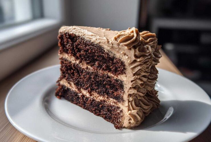 A decadent slice of dark chocolate gingerbread latte cake with layers of coffee-colored frosting on a white plate.