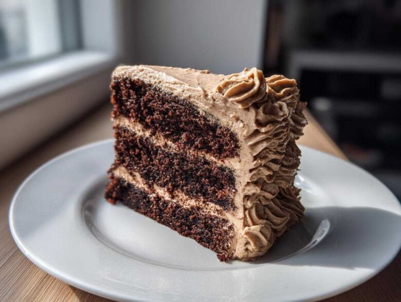 A decadent slice of dark chocolate gingerbread latte cake with layers of coffee-colored frosting on a white plate.