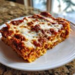 A generous slice of cheesy lazy lasagna featuring layers of pasta, rich meat sauce, and melted mozzarella cheese.