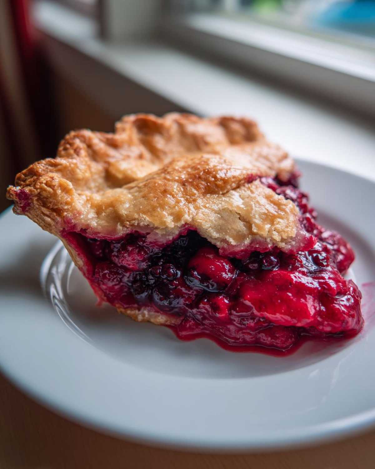 A close-up of a slice of triple berry pie showing a thick, juicy berry filling and flaky golden crust.