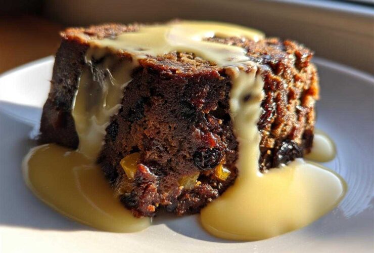 Close-up of a rich, dark slice of traditional plum pudding generously topped with flowing yellow custard sauce.