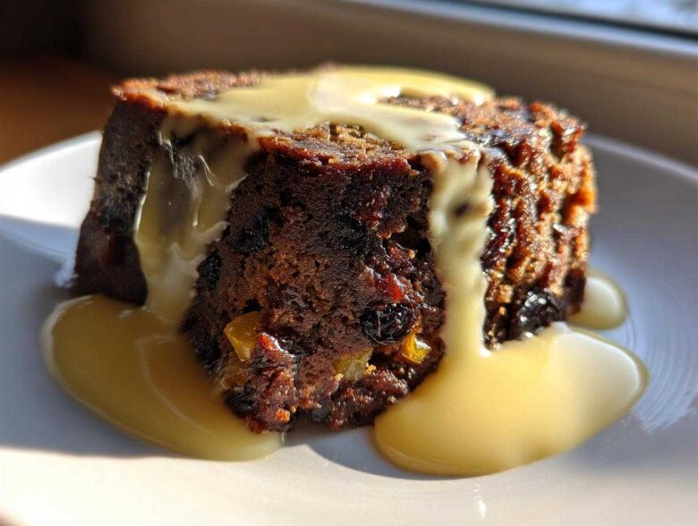 Close-up of a rich, dark slice of traditional plum pudding generously topped with flowing yellow custard sauce.