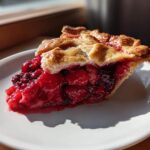 A close-up of a slice of triple berry pie showing the vibrant red filling and flaky golden crust on a white plate.