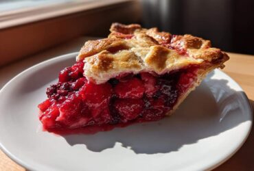 A close-up of a slice of triple berry pie showing the vibrant red filling and flaky golden crust on a white plate.