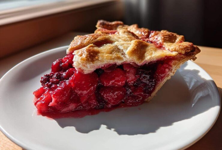 A close-up of a slice of triple berry pie showing the vibrant red filling and flaky golden crust on a white plate.