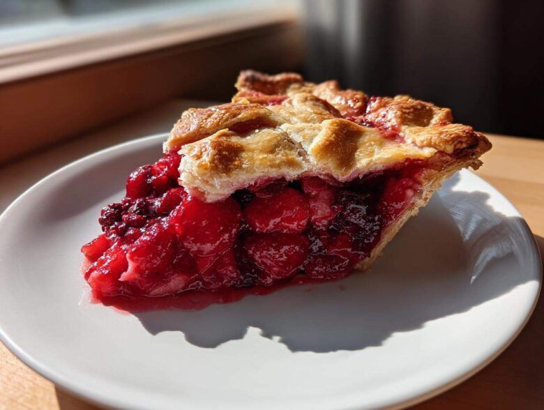 A close-up of a slice of triple berry pie showing the vibrant red filling and flaky golden crust on a white plate.