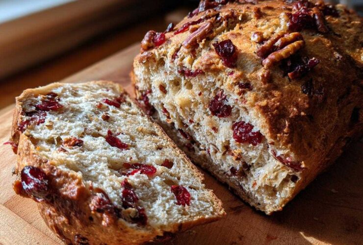 Close-up of a loaf of cranberry walnut bread, sliced to show the moist interior packed with dried cranberries and walnuts.