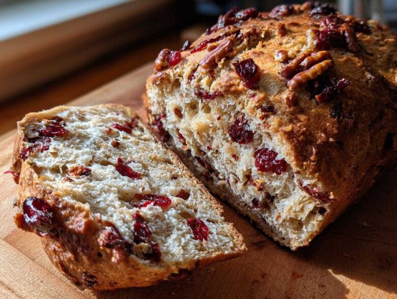 Close-up of a loaf of cranberry walnut bread, sliced to show the moist interior packed with dried cranberries and walnuts.