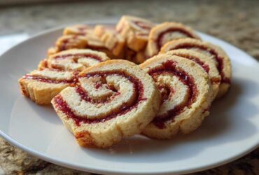 Close-up of several sliced pinwheel cookies arranged on a white plate, showing the swirl of jam filling.