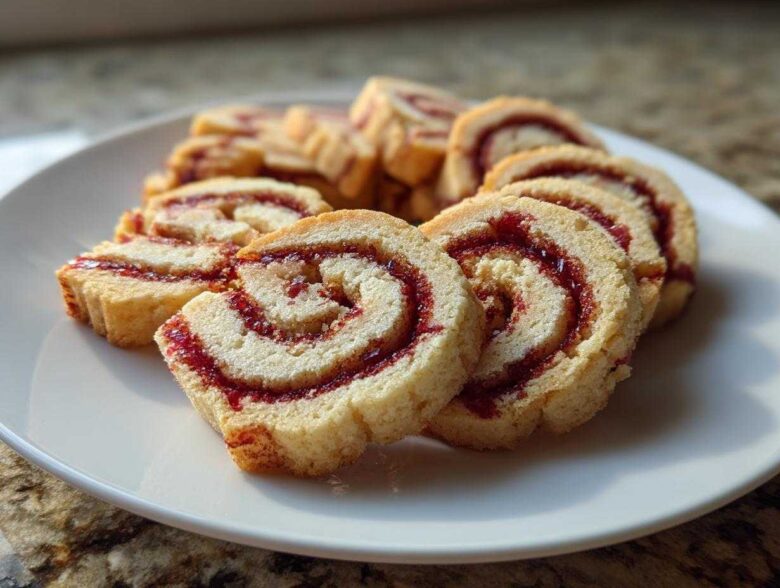 Close-up of several sliced pinwheel cookies arranged on a white plate, showing the swirl of jam filling.
