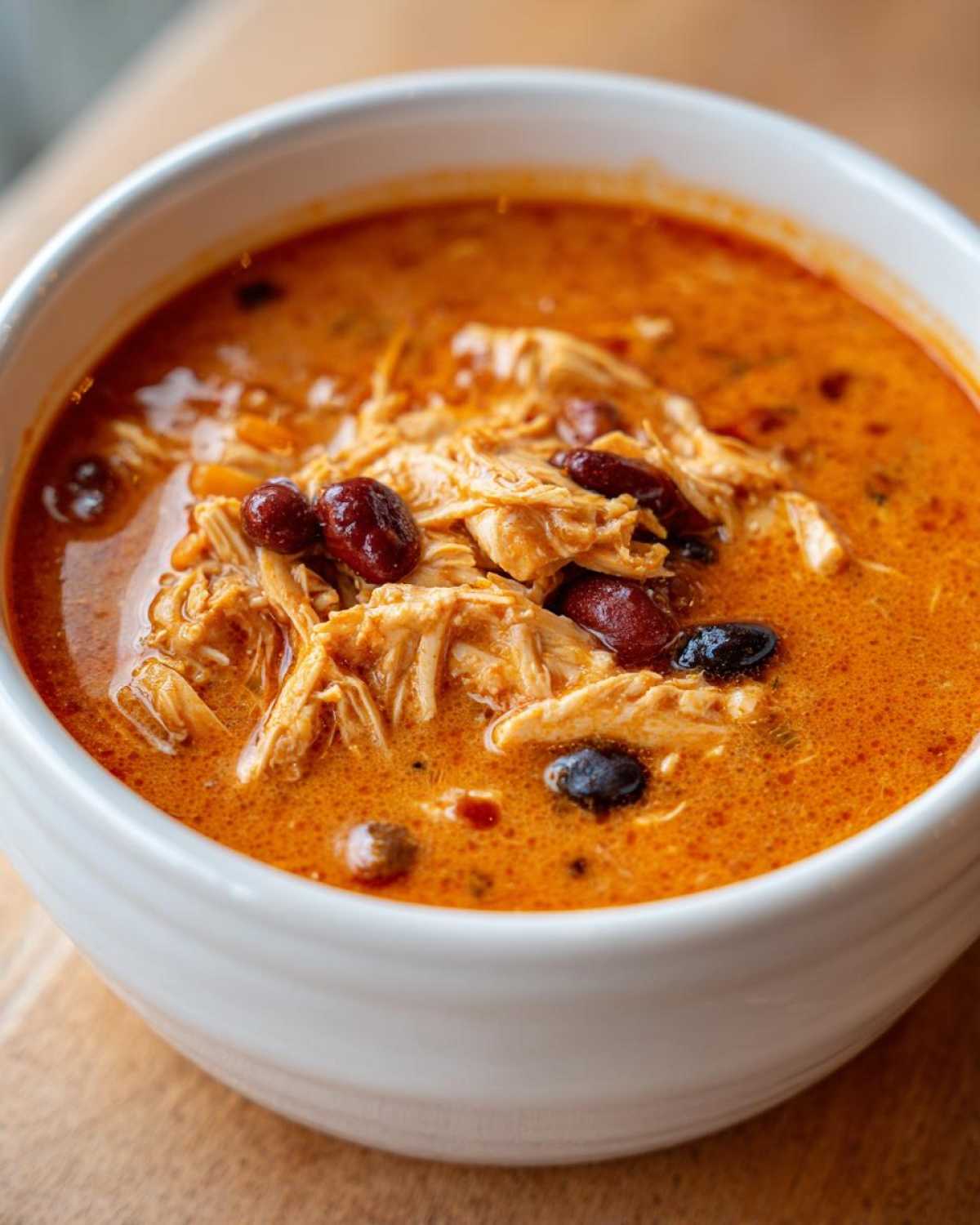 Close-up of a white bowl filled with creamy, orange slow cooker buffalo chicken chili topped with shredded chicken and dark red kidney beans.