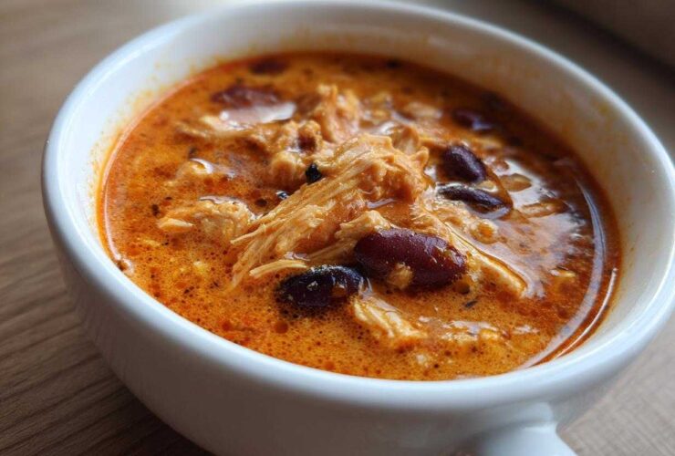 Close-up of a white bowl filled with rich, orange-red slow cooker buffalo chicken chili featuring shredded chicken and kidney beans.