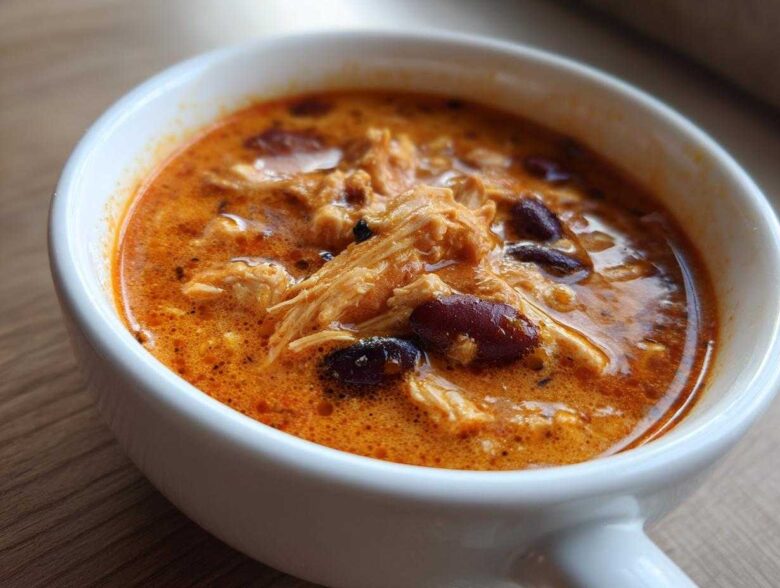 Close-up of a white bowl filled with rich, orange-red slow cooker buffalo chicken chili featuring shredded chicken and kidney beans.