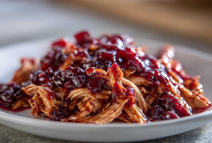 Close-up of shredded slow cooker cranberry chicken topped with glossy, dark red cranberry sauce on a white plate.