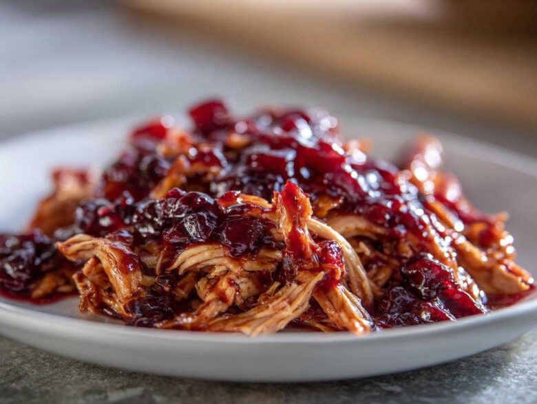 Close-up of shredded slow cooker cranberry chicken topped with glossy, dark red cranberry sauce on a white plate.