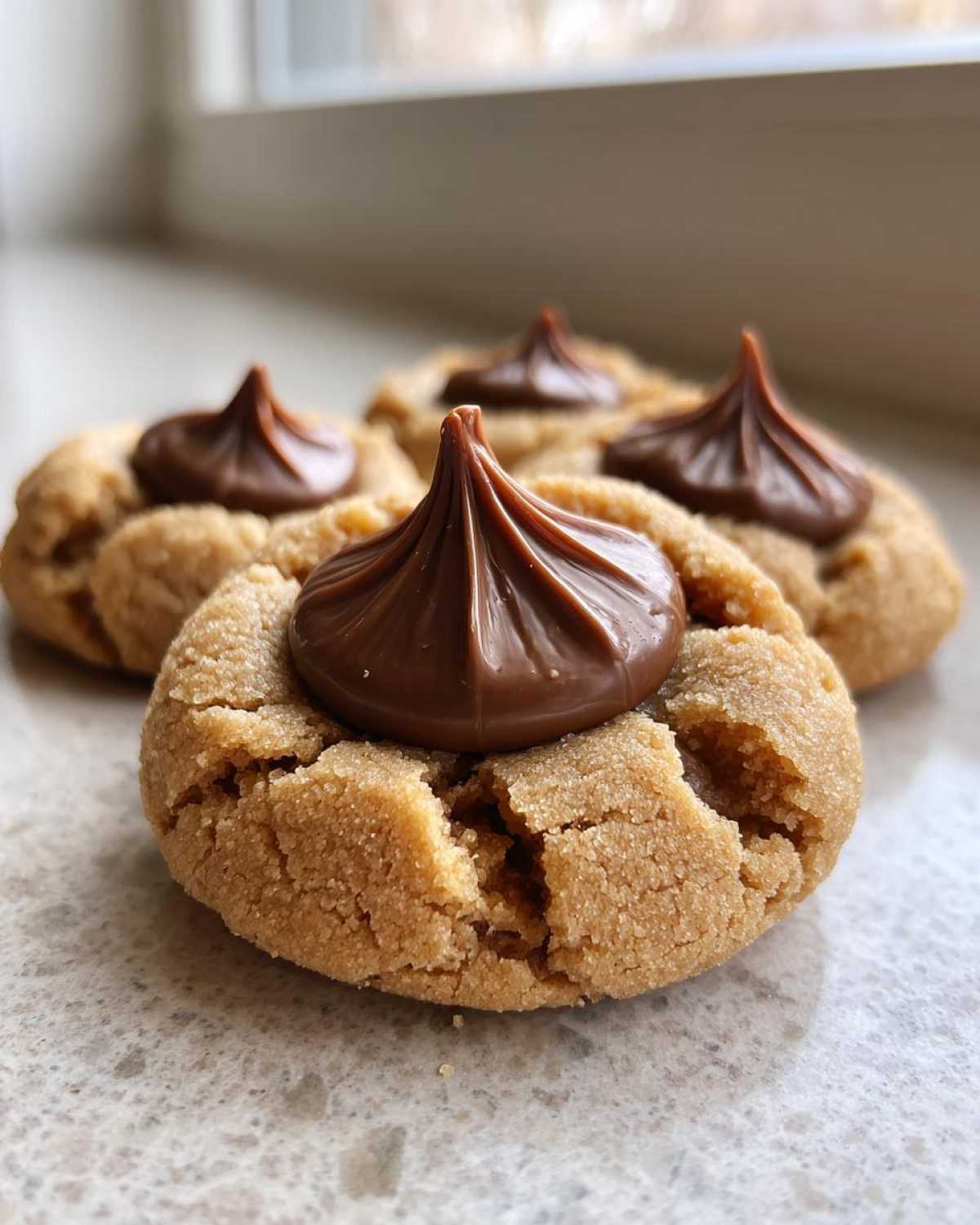 Close-up of a soft peanut butter blossom cookie topped with a melted chocolate kiss.