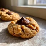 A close-up, sunlit photo of a soft peanut butter blossom cookie topped with a melted chocolate kiss.