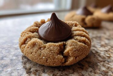 A close-up of a soft, sugar-coated peanut butter blossom cookie topped with a milk chocolate kiss.