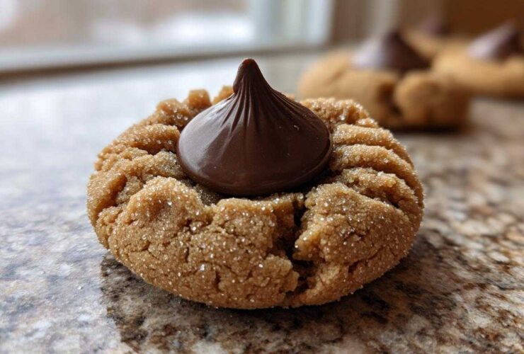 A close-up of a soft, sugar-coated peanut butter blossom cookie topped with a milk chocolate kiss.