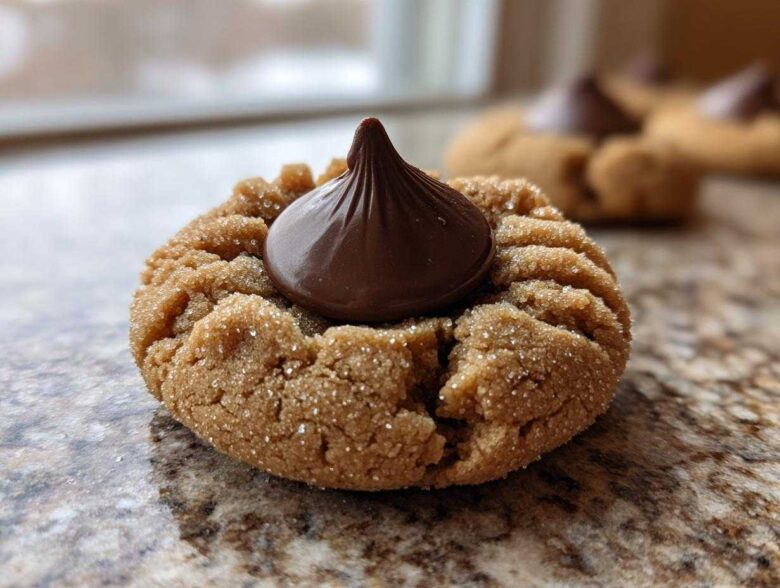 A close-up of a soft, sugar-coated peanut butter blossom cookie topped with a milk chocolate kiss.
