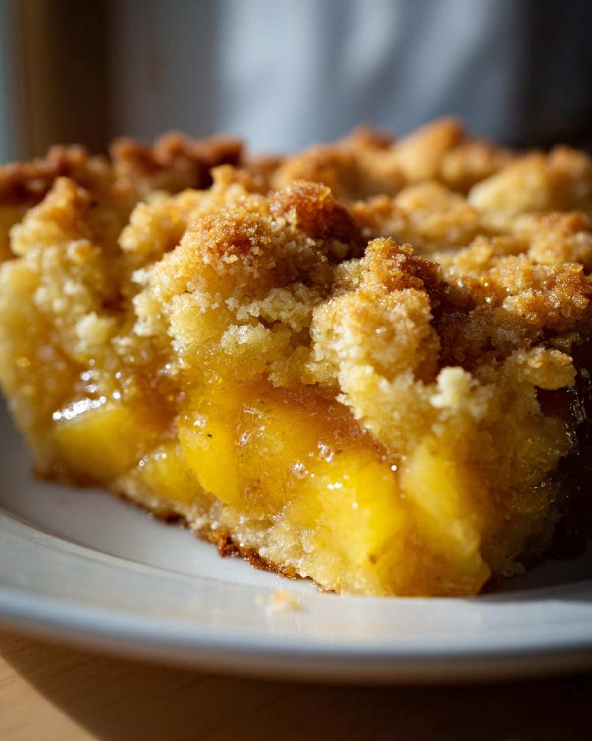 A close-up view of a warm slice of Southern peach cobbler showing juicy peaches and a crumbly, golden topping.