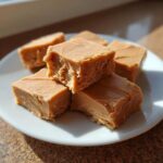 Close-up of several rich, light-brown squares of homemade penuche fudge stacked on a white plate.