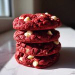 A vertical stack of four vibrant red velvet cake mix cookies studded with white chocolate chips, sitting on a marble surface.