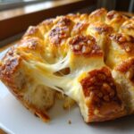 Close-up of cheesy, pull-apart cheese bread with melted cheese stretching between the pieces.