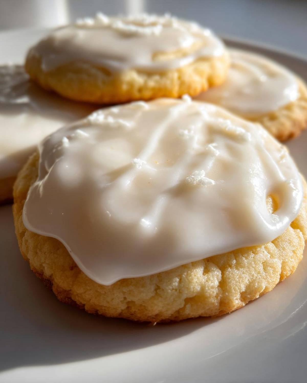 Close-up of a soft sugar cookie topped with thick, glossy white sugar cookie icing.