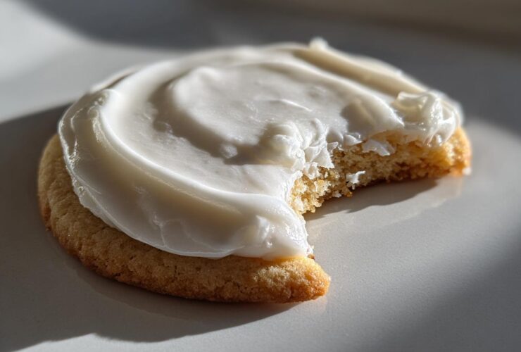 Close-up of a soft sugar cookie topped with thick, creamy white sugar cookie icing recipe, with a bite taken out.