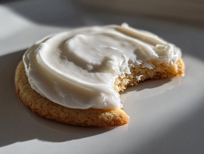 Close-up of a soft sugar cookie topped with thick, creamy white sugar cookie icing recipe, with a bite taken out.