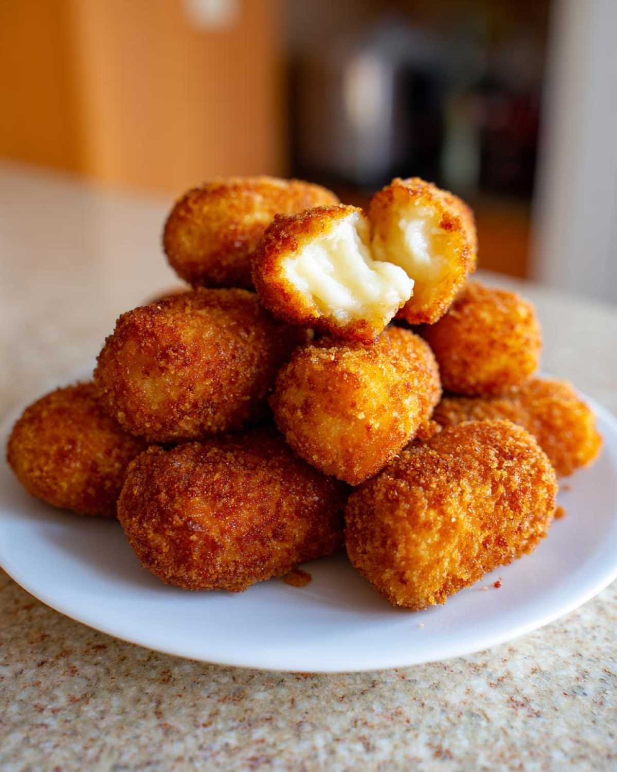 A pile of golden brown, crispy potato croquettes on a white plate, one is broken open showing a creamy interior.