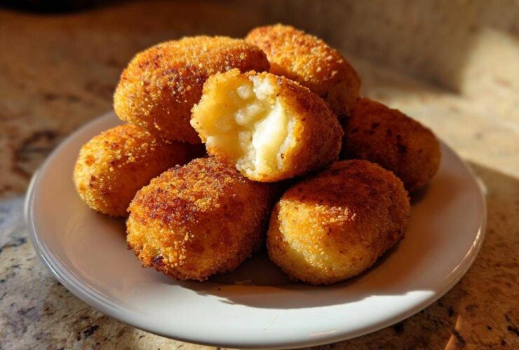 A stack of golden brown, crispy potato croquettes served on a white plate, one is broken open showing the soft interior.