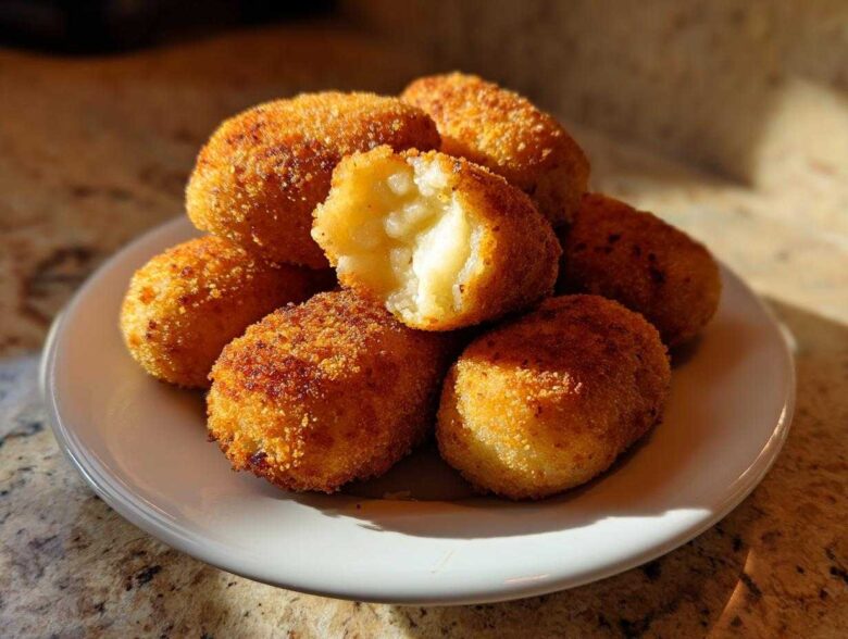A stack of golden brown, crispy potato croquettes served on a white plate, one is broken open showing the soft interior.