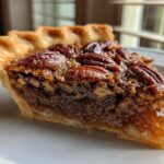 Close-up of a slice of gooey pecan pie showing the flaky crust and rich, glossy filling topped with whole pecans.