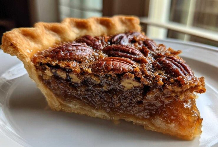 Close-up of a slice of gooey pecan pie showing the flaky crust and rich, glossy filling topped with whole pecans.