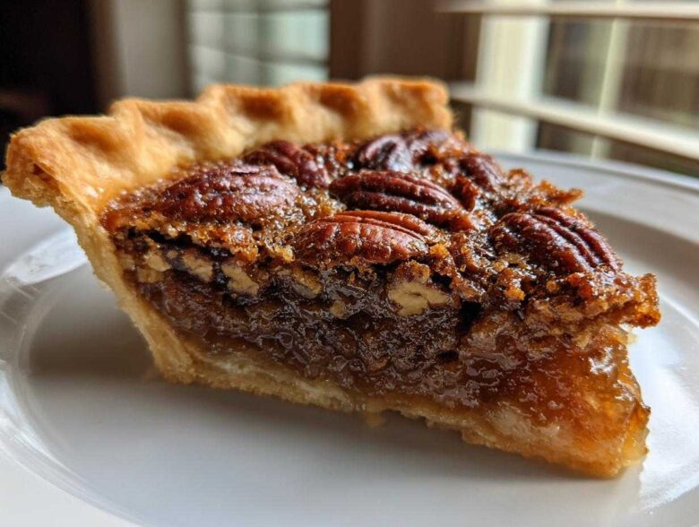 Close-up of a slice of gooey pecan pie showing the flaky crust and rich, glossy filling topped with whole pecans.