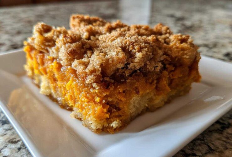 A close-up of a square slice of sweet potato cobbler featuring a bright orange filling and thick, brown sugar crumb topping.